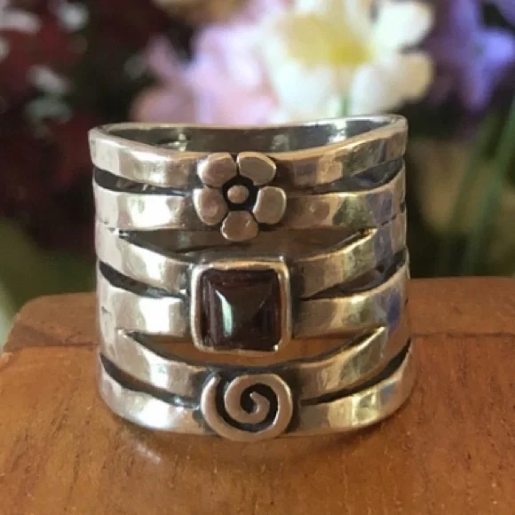 Vintage Silpada Sterling Silver Garnet Flower Swirl Ring R1048 Size 7 1/2 - Picture 3 of 16